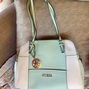 SALE GUESS Mint Green and White Shoulder Tote with Gold Charm
